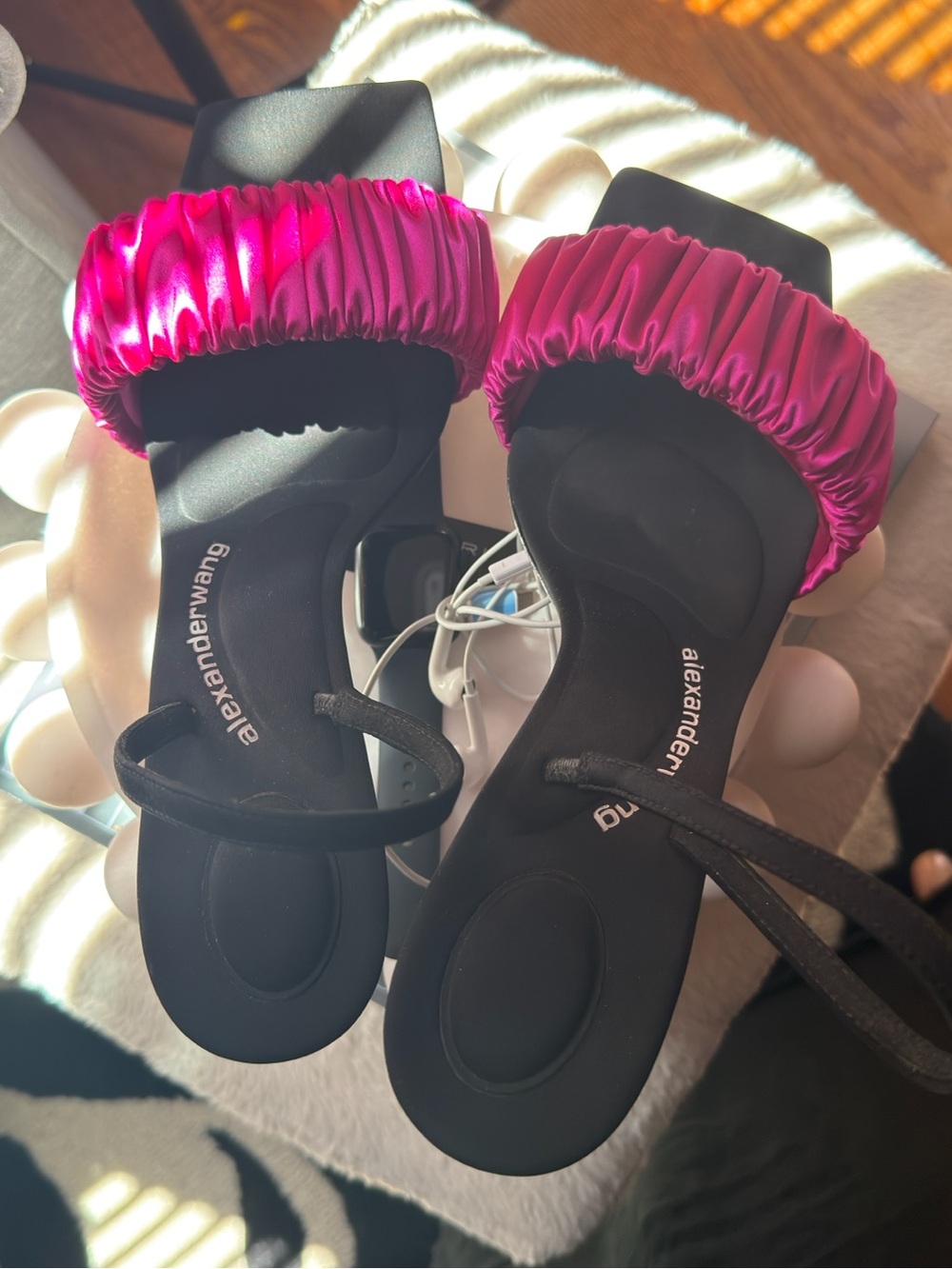 Alexander Wang Black Slide Sandals with Fuchsia Satin Ruched Strap
